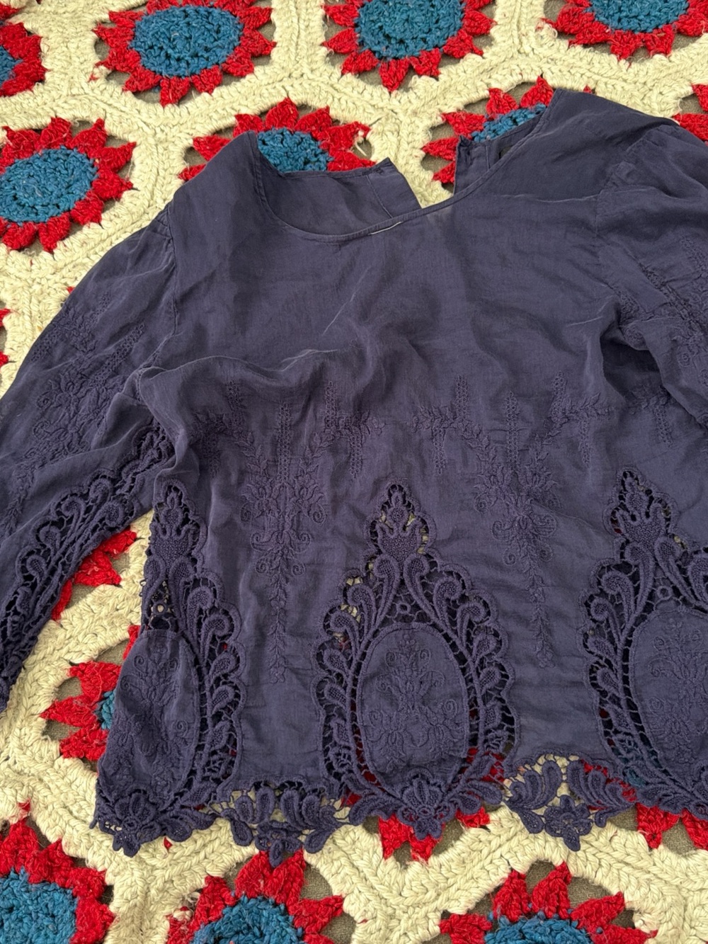 Dolce Vita Navy Blue Lace Cutout Long Sleeve Blouse